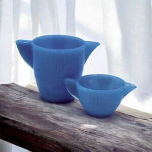 Akro Agate Blue Slag Glass Child Creamers-Pair-Mid Century Modern-Logo-1940s